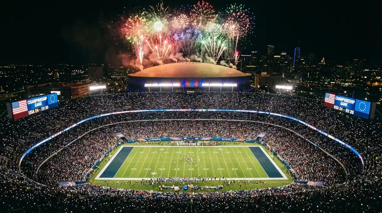 Estadio NFL iluminado durante la celebración del Super Bowl