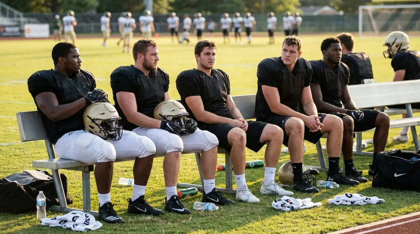 Jugadores de fútbol americano en banquillo durante partido de pretemporada NFL