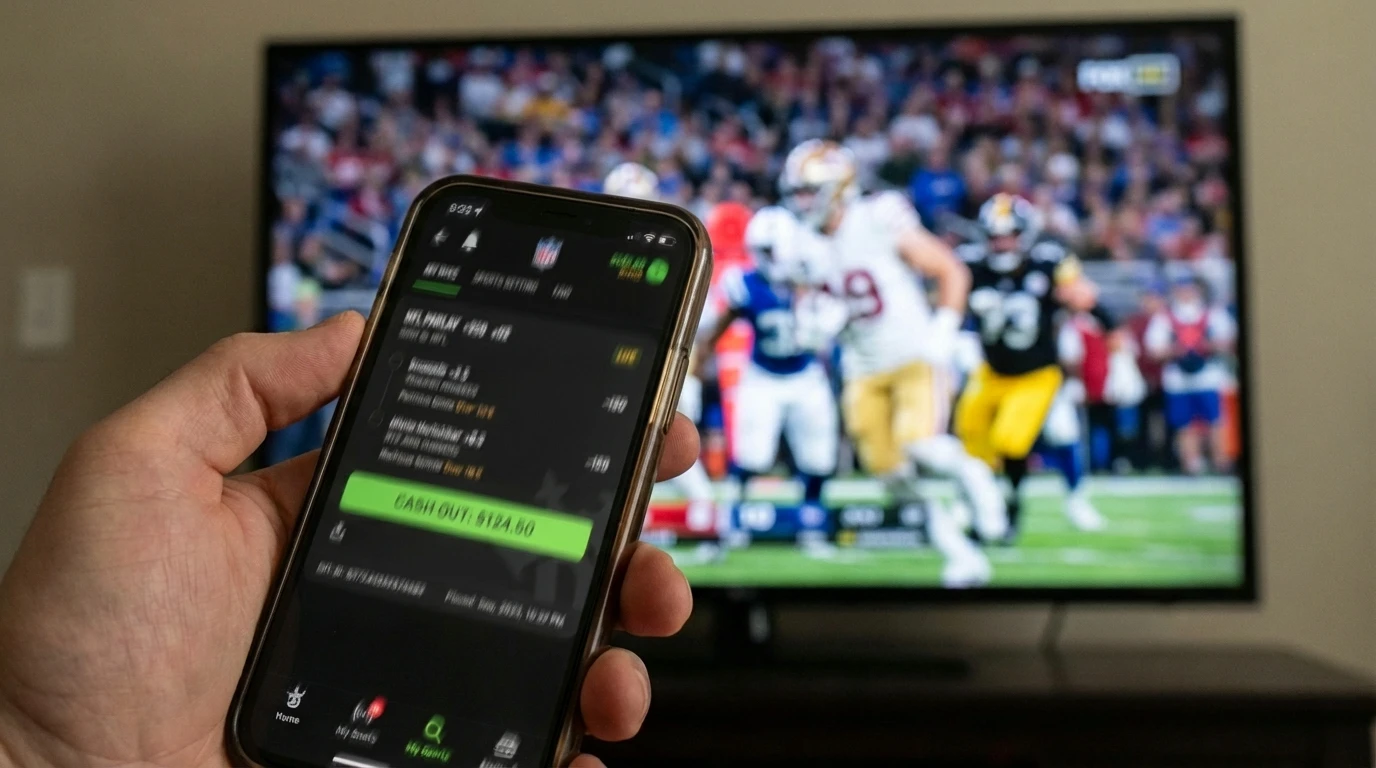 Pantalla de aplicación de apuestas mostrando boton de cash out durante partido NFL