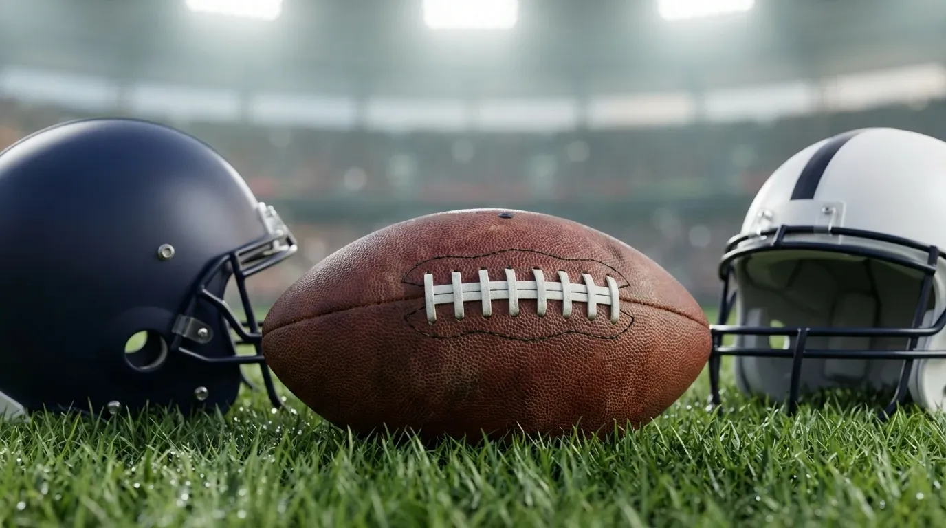 Balon de fútbol americano sobre cesped con dos cascos de equipos rivales