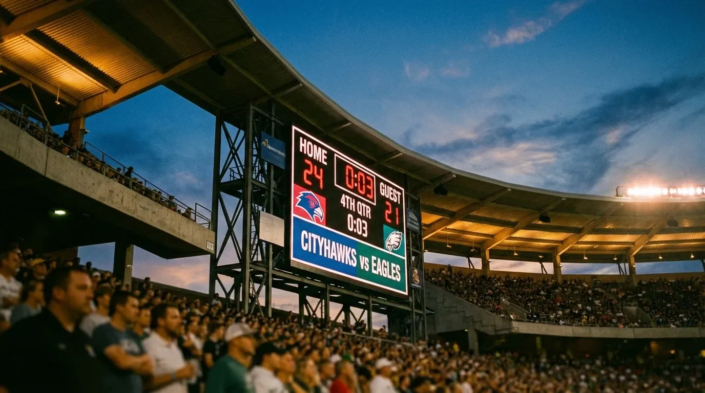 Marcador electrónico de estadio NFL mostrando puntuación de un partido