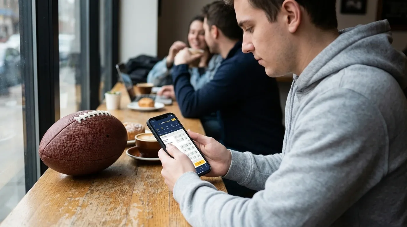 Persona usando telefono móvil para realizar su primera apuesta en la NFL