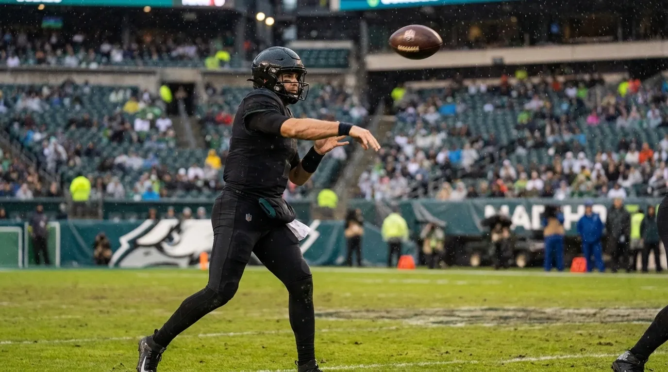 Quarterback de fútbol americano lanzando un pase durante un partido NFL