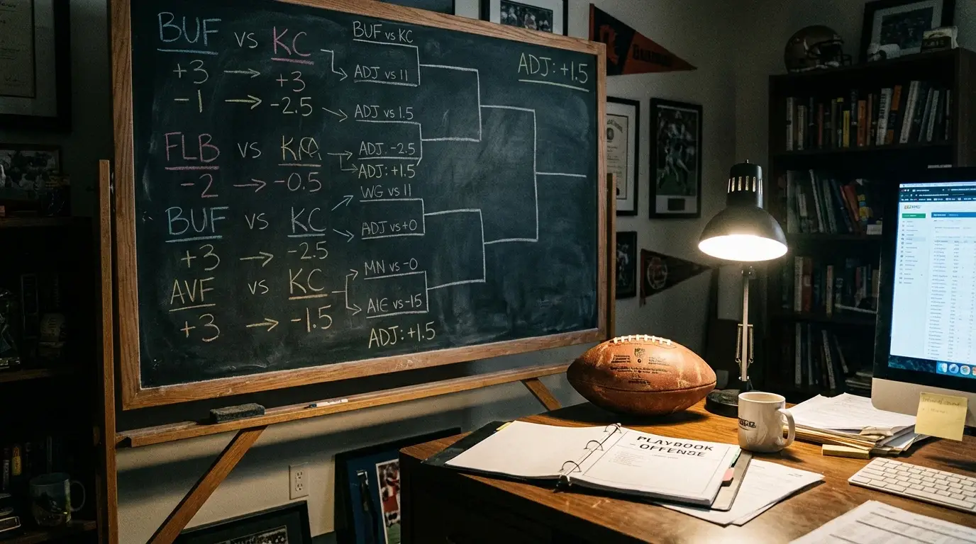 Pizarra deportiva con lineas de spread NFL y flechas de ajuste de puntos